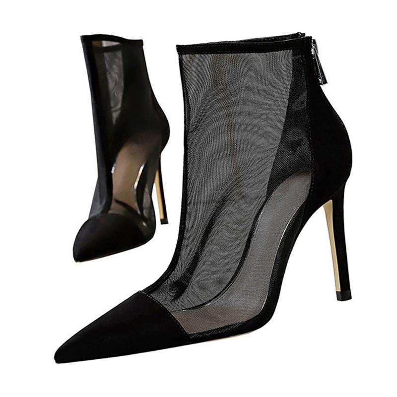 

Boots Spring Autumn Sexy Mesh Ankle Women Pointed Toe Stiletto Heels Fashion Zip Ladies Party Shoes Size 34-40, Black