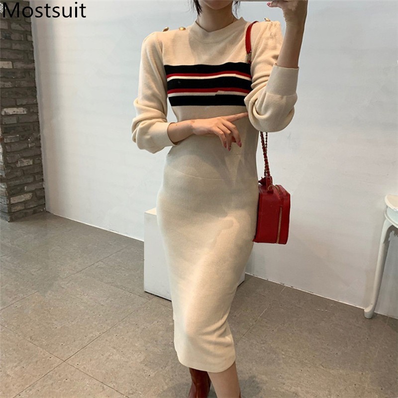 

Striped Knitted Womoen Sweater Dress Spring Long Sleeve O-neck Slim Waist Dresses Korean Fashion Elegant Vestidos Femme 210518, White
