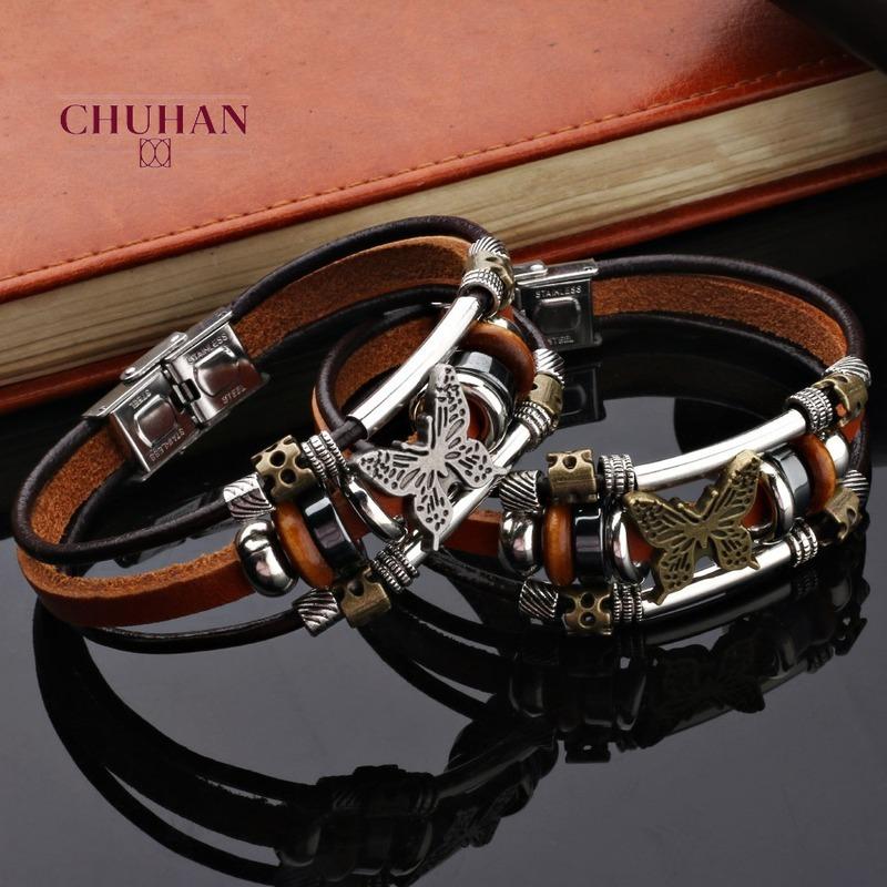 

Charm Bracelets CHUHAN Fashion Accessories Punk Retro Women Butterfly Bangles Original Multilayer Leather Bracelet For Valentines Day Gift C, Golden;silver