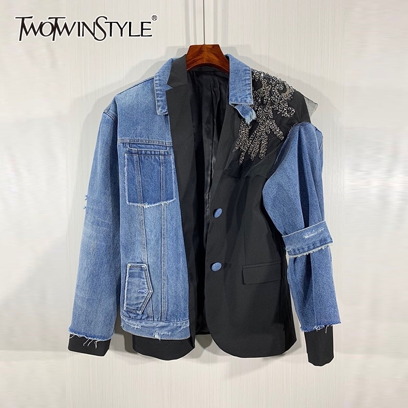 

Spring Patchwork Diamond Jacket For Women Lapel Long Sleeve Hit Color Denim Jackets Female Fashion Clothing 210524, Black