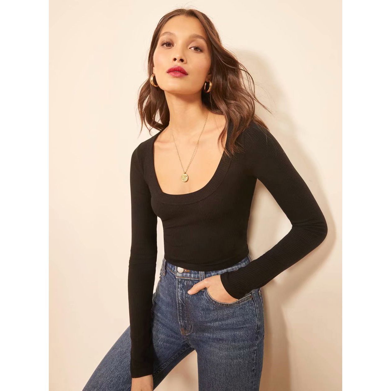 

t shirt 2021 summer fashion pullover round neck long sleeve short slim fit women's, White