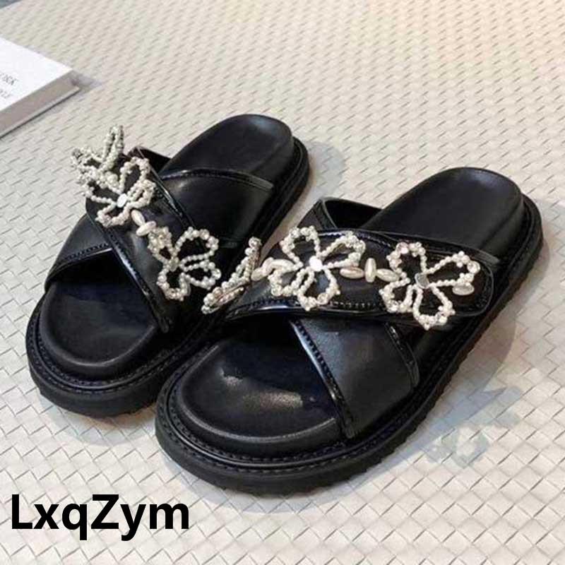 

Slippers Design Round Toe Flower Decor Hand-stitched Beaded Slides Leather Platform Women Heel Flat Sandals Sweet Beach Vacation, As show