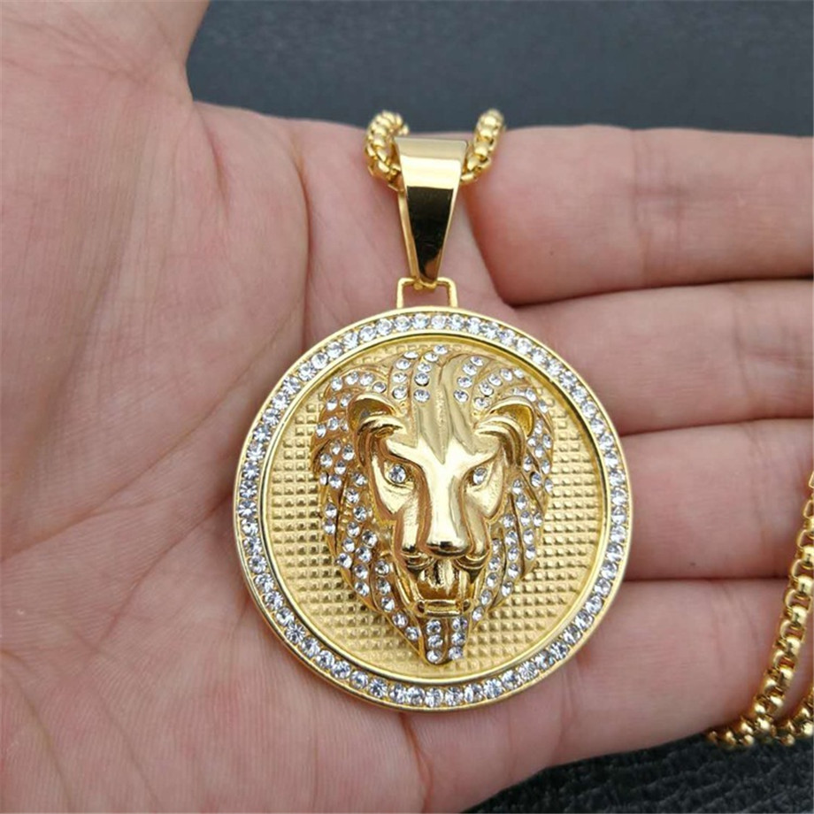 

Hip Hop Charm Iced Out Bling Golden Lion Head Pendants Necklaces Male Gold Color StainlSteel Chain Rock Jewelry Gift For Men X0509
