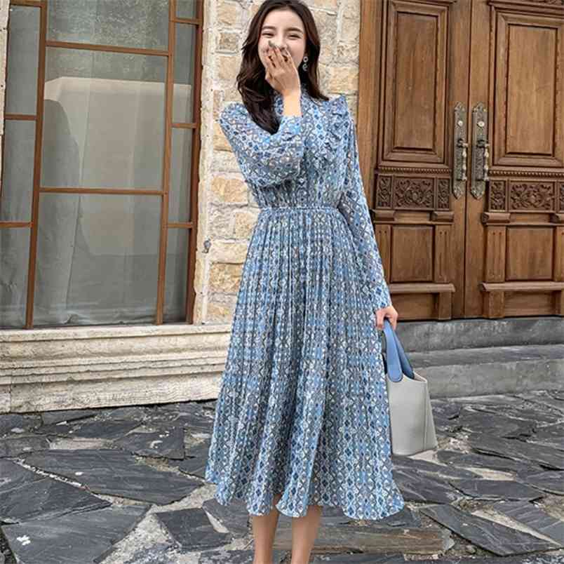 

Spring Elegant Stand Collar Ruffle Women Dress Full Sleeve Elastic Waist Female Chiffon Midi Pleated Vestidos femme 210519, Photo color