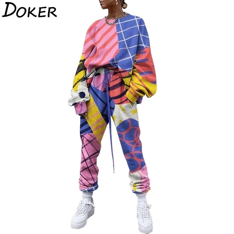 

Fashion Print 2 Two Piece Set Women Spring Casual O Neck Long Sleeve Plus Size Sweatshirt Top And Pants Sweat Suit 210603, Orange