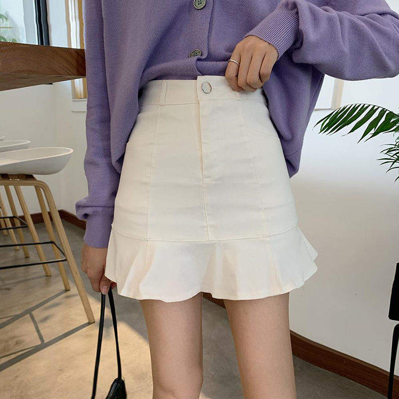 

Summer Solid Ruffles A-Line Mini Slim Simple Women Empire Sexy & Club Skirt Vintage Chic Wild Feamle Fashion Skirts 210517, Apricot