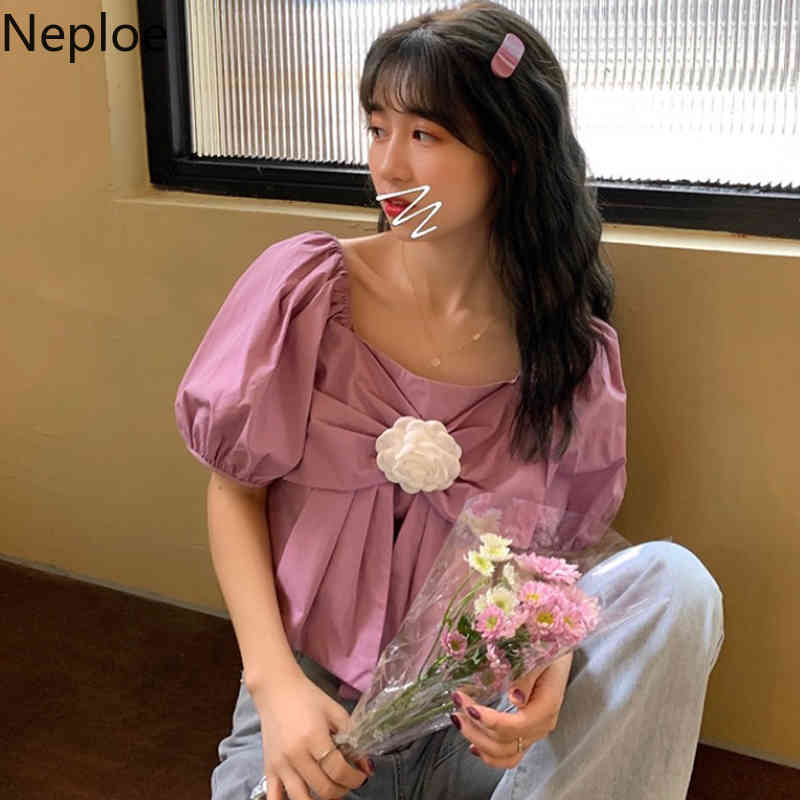 Neploe Blusas Mujer De Moda Purple Chic Bow Shirts Square Collar Puff Sleeve Blouses Women Loose Sweet Tops Femme 94829 210422