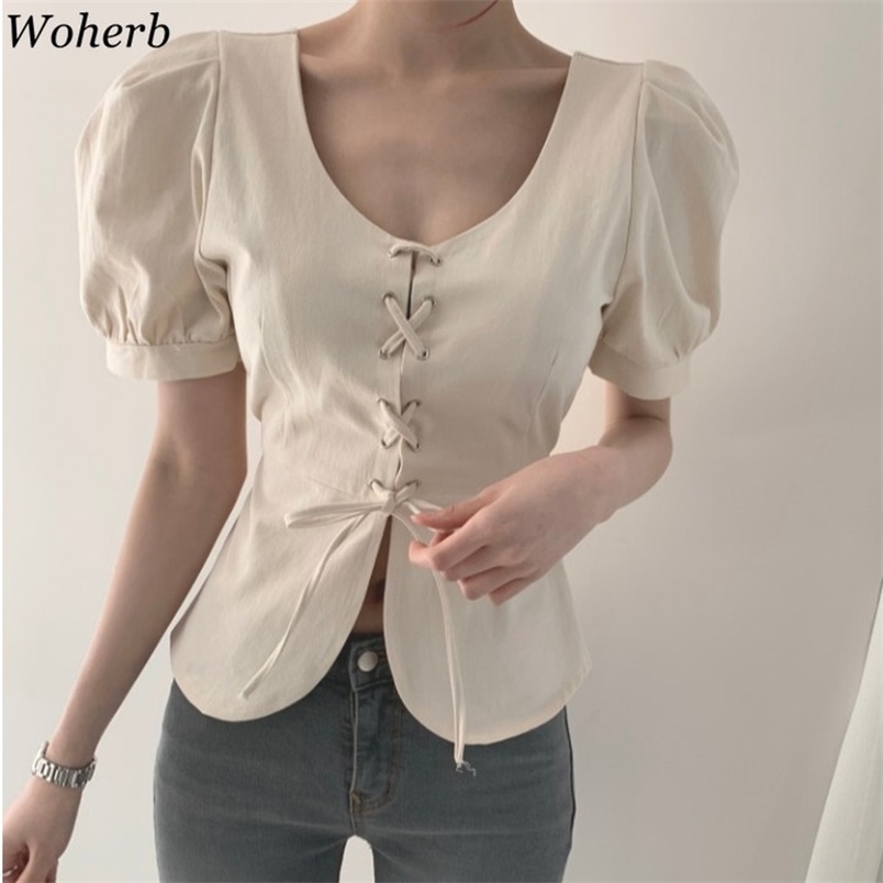 

Lace-up O-neck Blouse Women's Summer Slim Fit All-match Puff Short Sleeve Shirts Korean Temperament Solid Color Tops 210519, Apricot