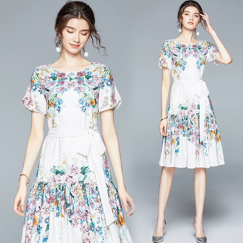 

Quality Elegant Runway Printed White Dress 2021 Ladies Designer Short Sleeve O-Neck Office Holiday Prom Sexy Slim Floral Pleated Dresses Summer Autumn Women Clothes, 05