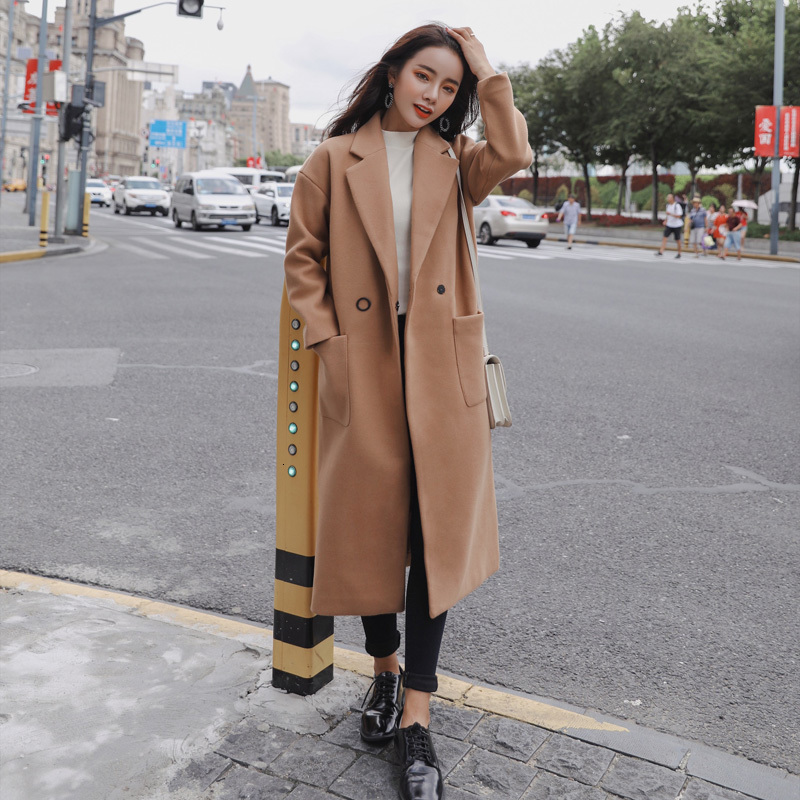 

women's trench coats wool coat winter , , , korean fashion, baggy, long knee, solid color, women's q0hq, Tan;black