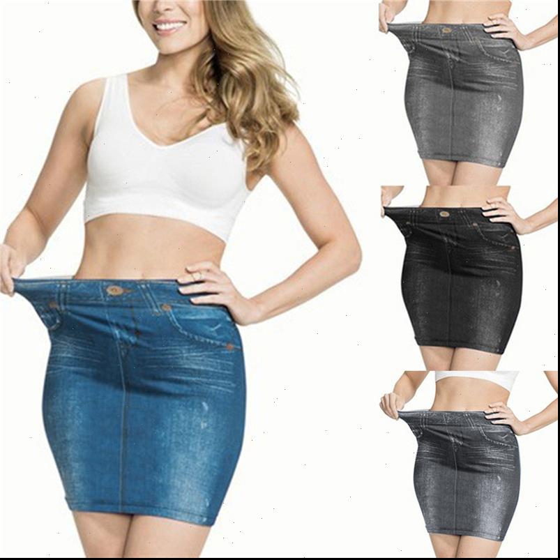 

fake jeans midi pencil women skirt fashion elastic high waist office bodycon skirts slim stretch jupe femme, Black