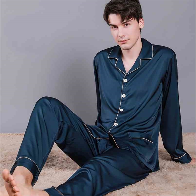Men Summer Ice Silk Sleepwear Thin Breathable Pajama Sets Solid Color s Comfort Satin Male Casual Pijama 210812