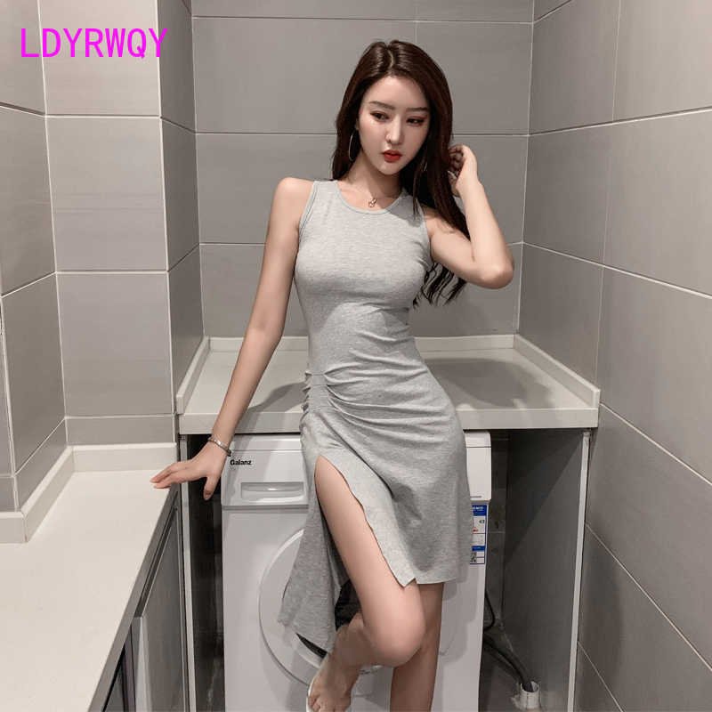 

European and American slim sexy irregular temperament pleated high fork skinny dress Knee-Length 210603, Gray