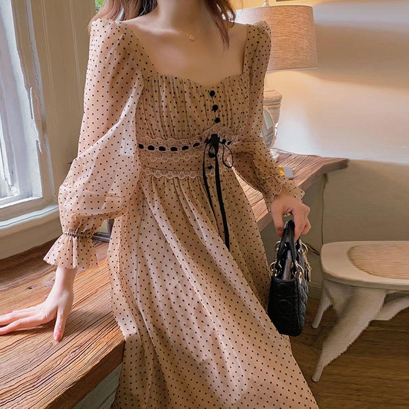 

Casual Dresses Spring Summer Women Dress French Vintage Puffer Sleeve Midi Female Elegant Dot Long Sleeves High Waist Slim, Light pink