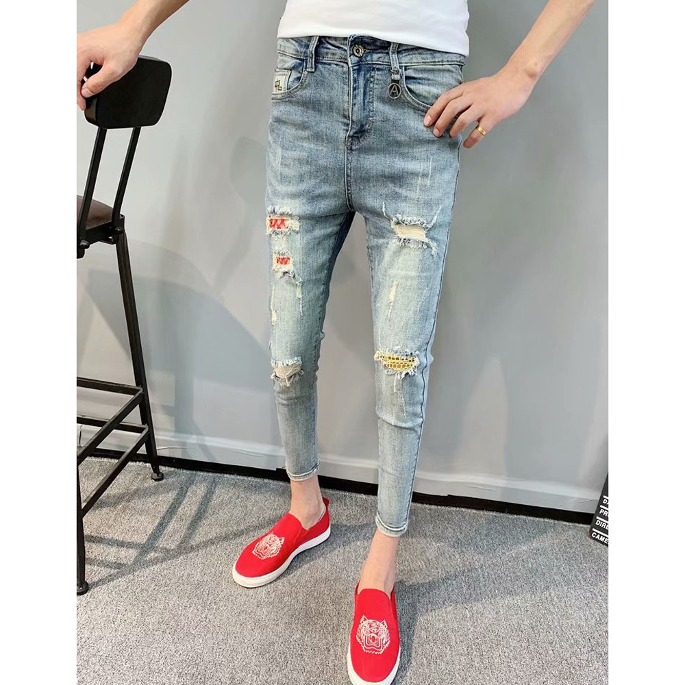 

Men's Jeans Fashion trendy men's jeans Korean ripped hole Slim pants thin nine-point pencil GN2C, Blue