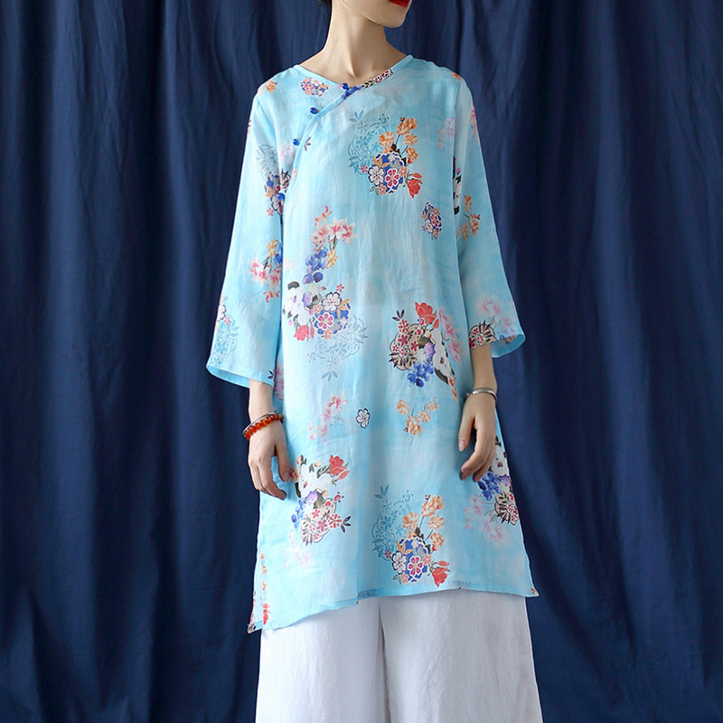 

Johnature Women Ramie Print Floral Shirts V-Neck Seven Sleeve Blouses Autumn Vintage Female Tops Button Chinese Style Shirt 210521, Purple