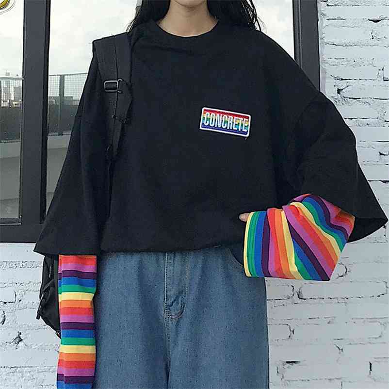 

Fake 2 Pieces Rainbow Striped Women T shirt Korean Harajuku Long Sleeve Shirts Female Summer Casual O-neck -shirt Ladies 210524, White