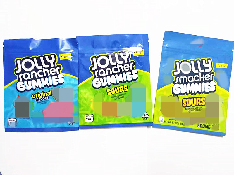 

empty jolly mylar bag 100*125mm 4 designs 500mg 600mg ressealable zipper sour gummies edibles packakging