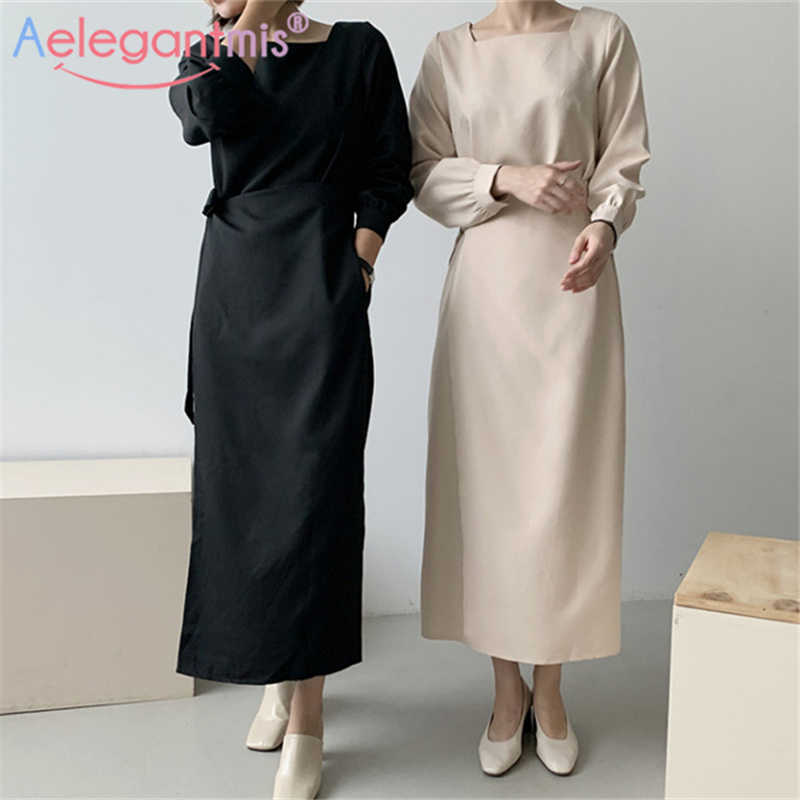 

aelegantmis Women's Spring Autumn Dresses Design Fashionable Korean Style Elegant Vintage Midi Dress Sashes Vestidos 210607, Black