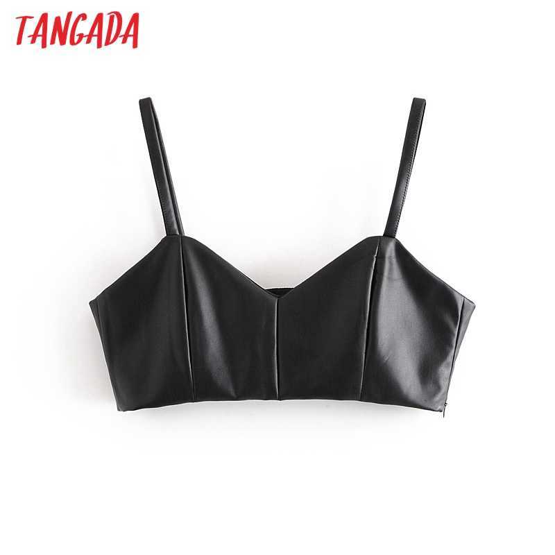 

Tangada women black pu leather camis crop top spaghetti strap sleeveless backless short blouses shirts female solid tops QN28 210616