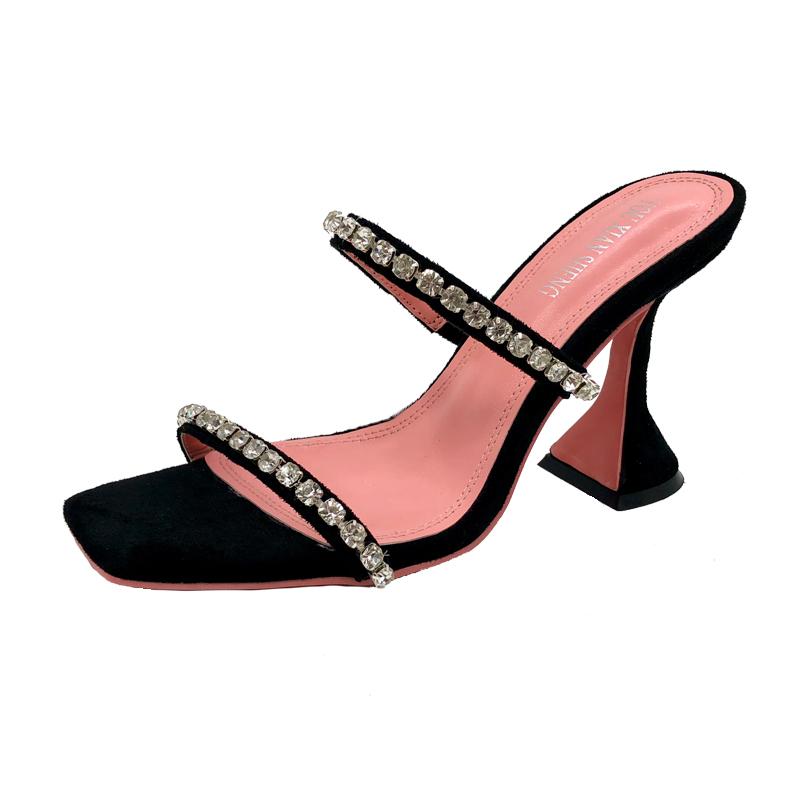 

Slippers Women Rhinestone Shoes Summer Concise High Heel Slides Crystal Fashion Slide Sandals, Black