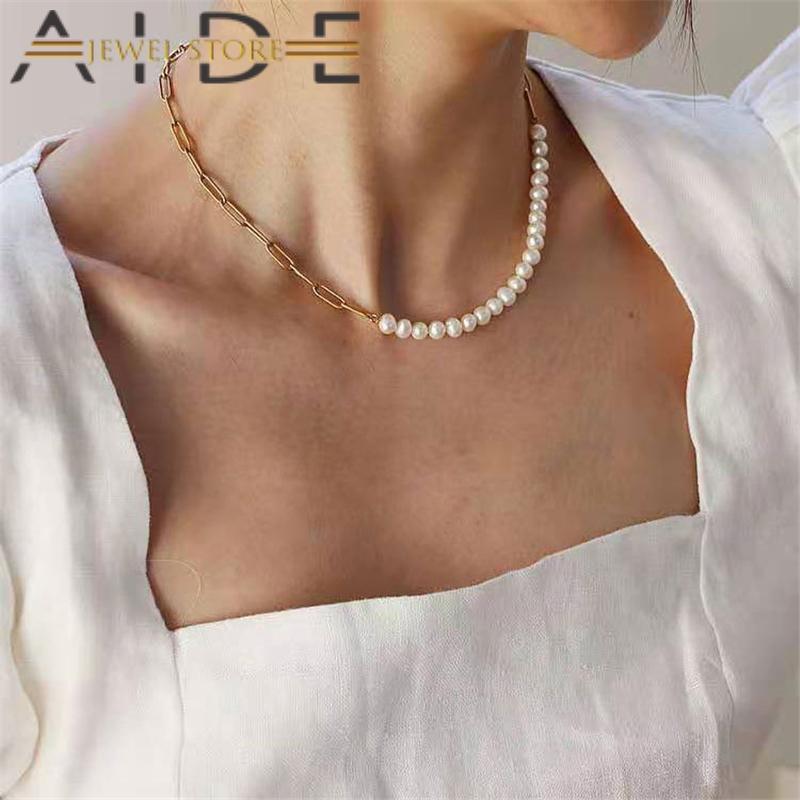 

Chains Aide Minimalist Copper Korean INS Natural Pearl Chain Necklace Choker Clavicle Necklaces For Girls Birthday Gift Femme Jewelry, Silver