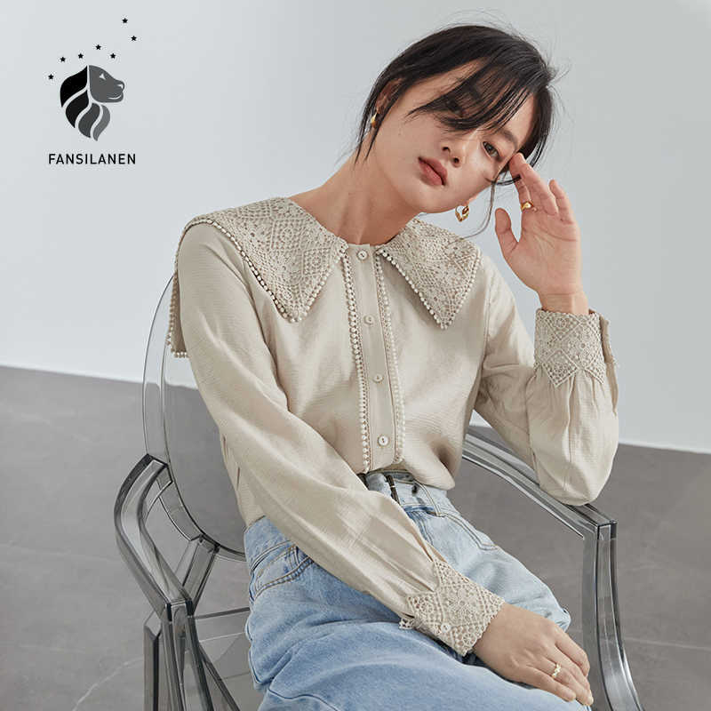 

FANSILANEN Lace patchwork vintage blouse shirt Women long sleeve casual button up Female spring elegant office lady top 210607, Beige