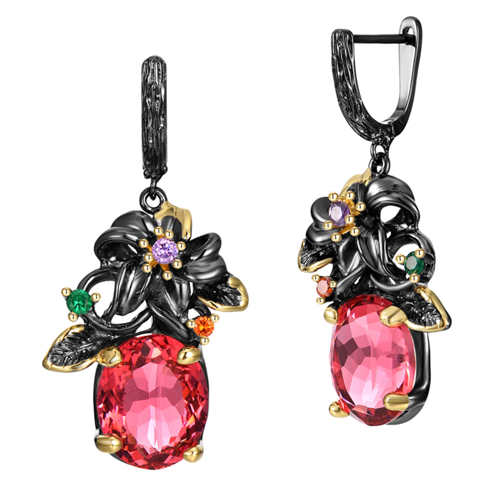 

Pretty Flower Vintage Dangle Earring Big Oval Fuchsia/Purple Zircon 2 Tone Gold Plate Jewellery Nice Drop Earrings