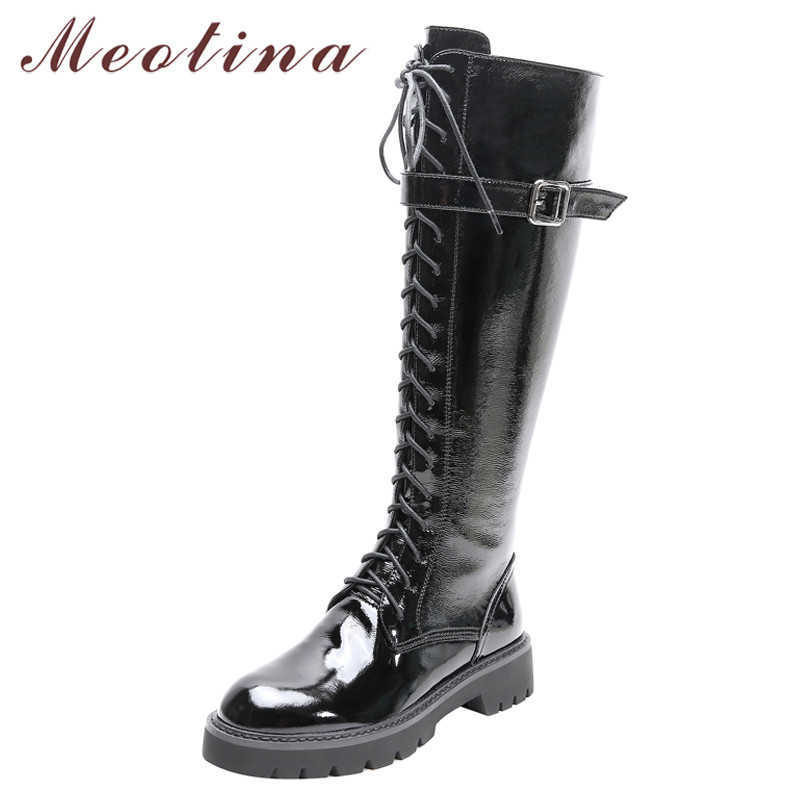 

Meotina Winter Motorcycle Boots Women Natural Genuine Leather Buckle Thick Heel Knee High Boots Buckle Zipper Shoes Lady Size 39 210608, Black synthetic lini