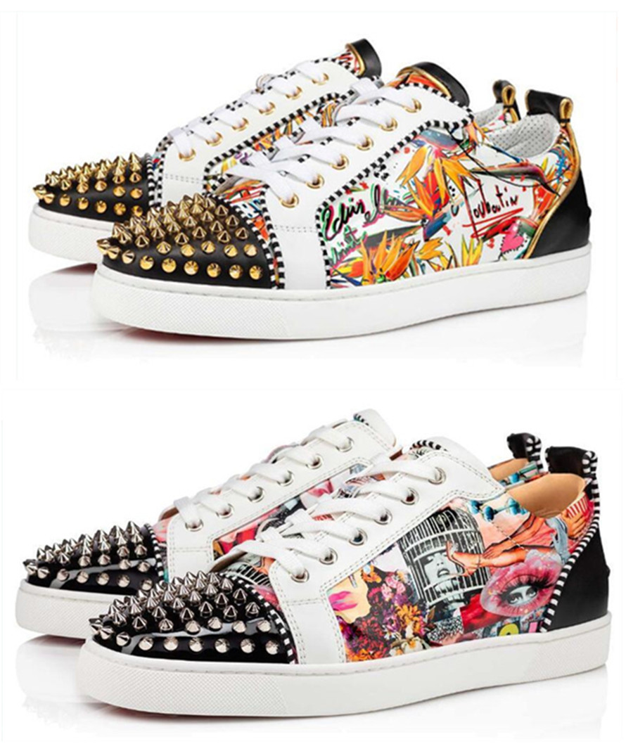 

2022 Men's spiked red bottom Casual shoes junior spikes veau velours sneakers graffiti leather trainers women mens studs party shoe wed, Black