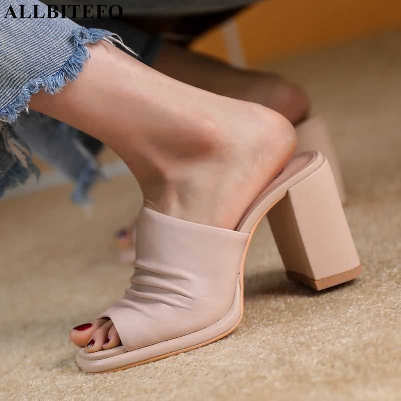 

ALLBITEFO Waterproof Thick Heel Fold Genuine Leather Sheepskin Insole Women Sandals Fashion Summer Shoes Slippers Flip Flops 210611, As picture