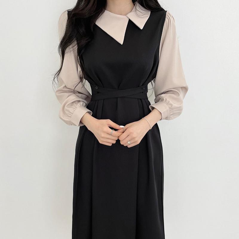 

Casual Dresses Robe Korean Elegant Retro Chic Autumn Contrast Patchwork Lace Up Slim Puff Sleeve Dress Women Irregular Lapel Vestido Mujer, Black;gray