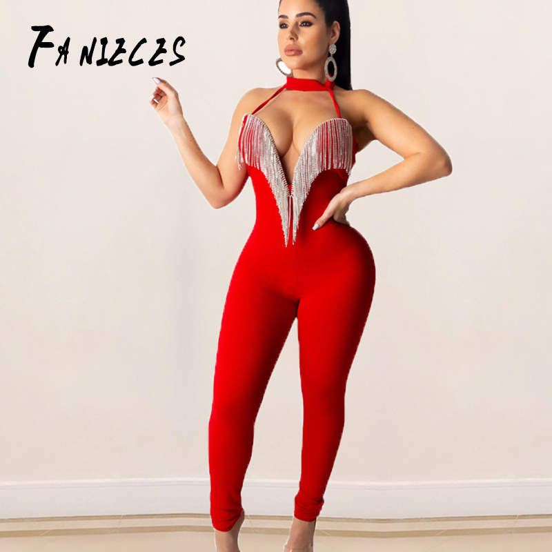 

Bodysuit Fitness Playsuit Sexy nightclub Women Crystal tassel deep V neck Jumpsuit Romper Catsuit overalls kombinezon 210520, Beige