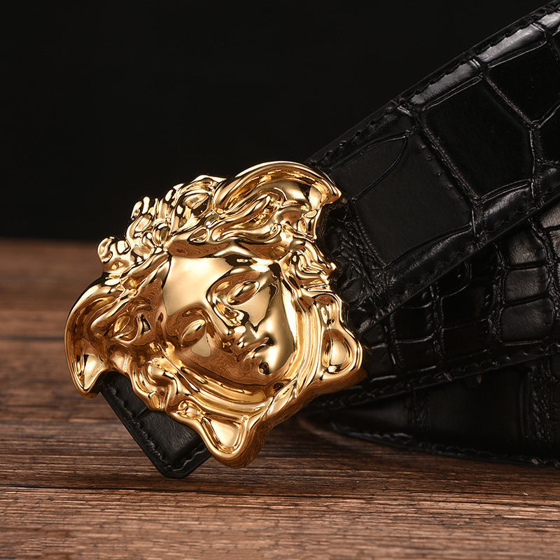 

Beauty scalp men's leather young people smooth Medusa head buckle casual business belt fashion, Black