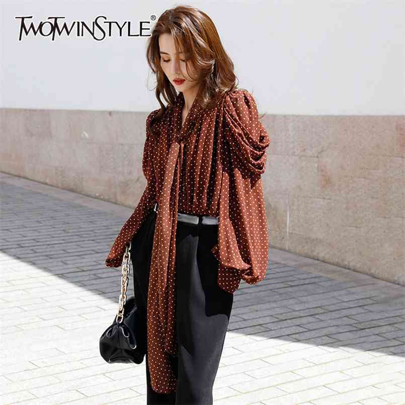 

Polka Dot Loose Shirt For Women V Neck Lantern Long Sleeve Lace Up Bowknot Casual Blouse Female Fashion Stylish 210524, Coffee