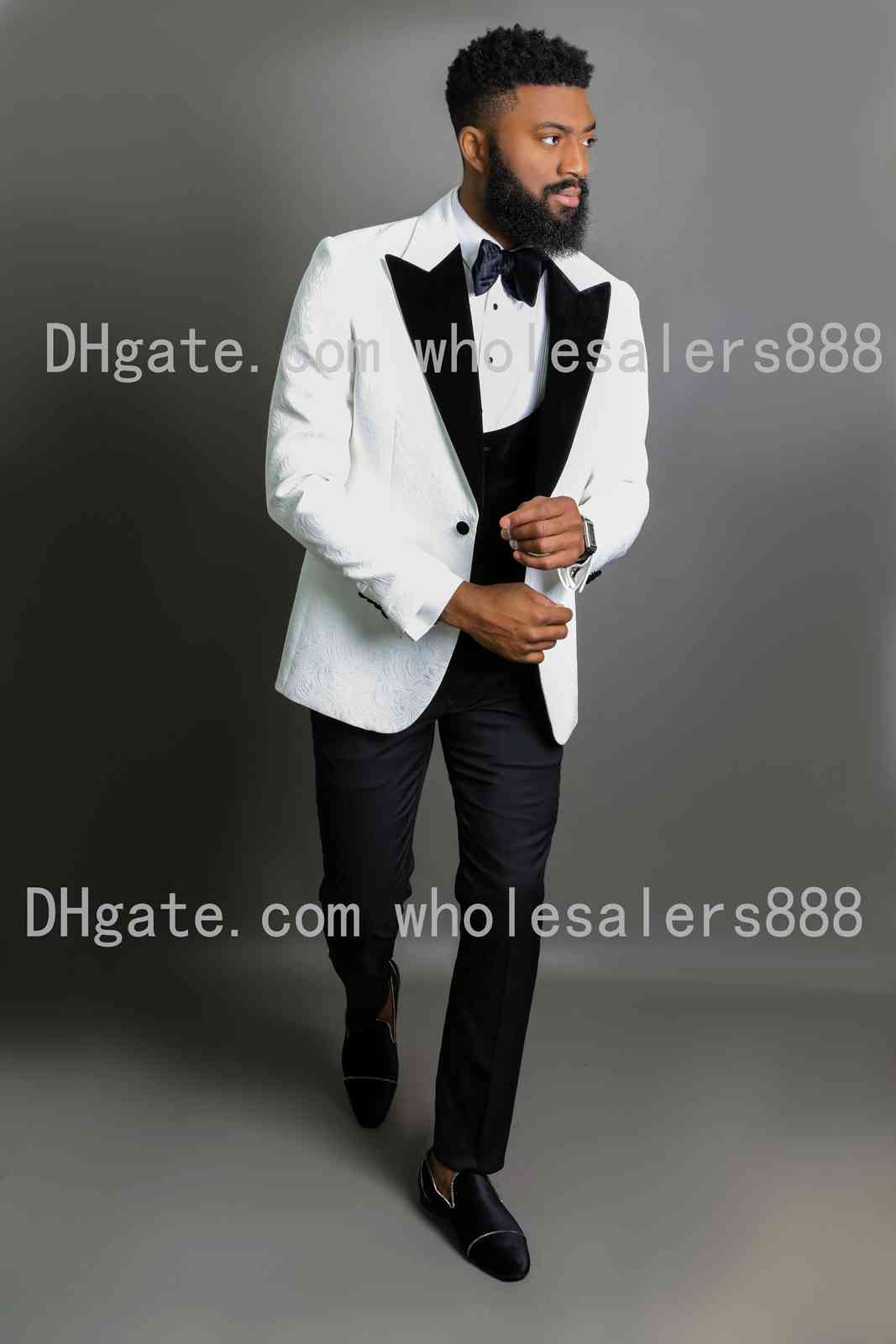 

Men's Suits & Blazers Men White Pattern and Black Groom Tuxedos Peak Veet Lapel Groomsmen Wedding Man 3 Pieces ( Jacket+Pants+Vest, Same picture