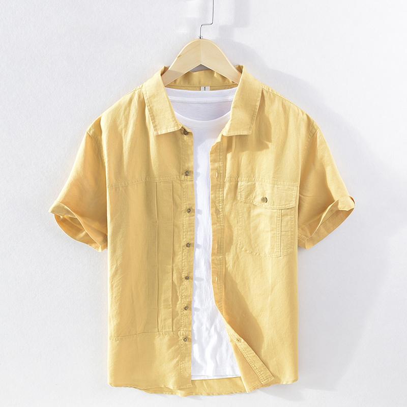 

Suehaiwe's Brand Italy Style Short Sleeve Linen And Cotton Shirts Men Fashion Solid Shirt For Tops Mens Clothes Camisa Men's Casual, Yellow
