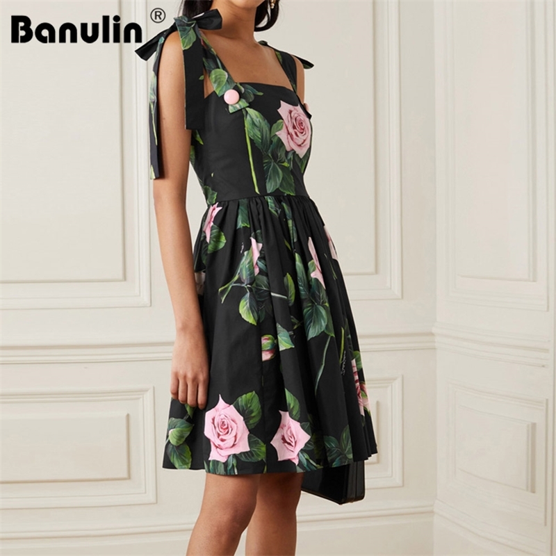 

Banulin Fashion Runway Elegant Summer Dress Women's Bow Spaghetti Strap Black Vintage Floral Print Cotton Short 210603
