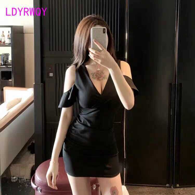 

nightclub women's strapless slim sexy dress Knee-Length Office Lady Polyester Solid V-Neck 210603, Black