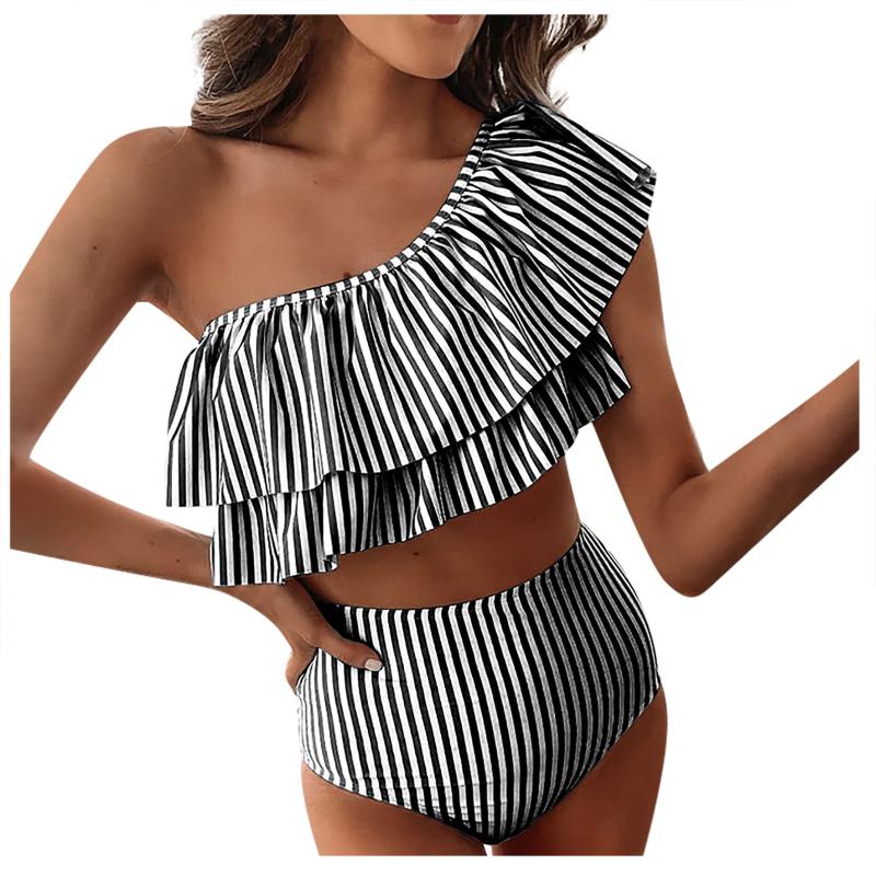 

Women' Swimwear Bikini Striped Ruffled Sexy One-shoulder Strap Split Swimsuit Ladies Summer Mid Waist Fashion Beach Set, Black