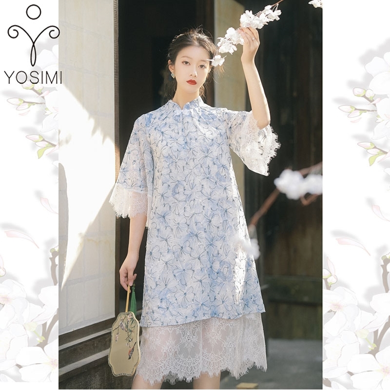 

YOSIMI Summer Women Dress Blue Lace Mid-calf Half Sleeve Midi Straight Chinese Style Evening Party Cheongsam Elegant 210604, Sky blue