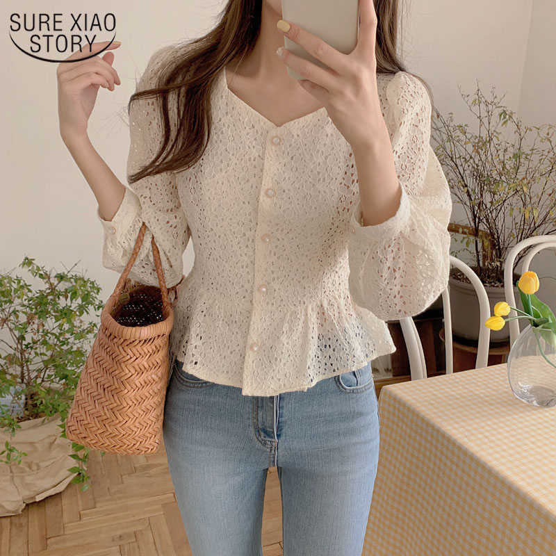 

Korean Clothes Sweet Wild V-neck Women's Blouse Hollow Out Lace-up Lace Shirt Vintage Long Sleeve Tops Female Slim Blusas 13100 210527, Beige
