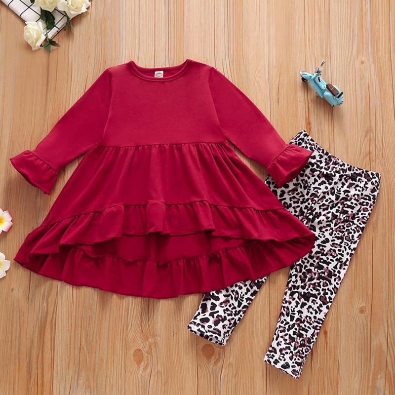 

Clothing Sets Baby Clothes Winter Kids Girls Irregular Hem Top Dress+Leopard Print Long Pants Set Vetement Enfant Fille, White