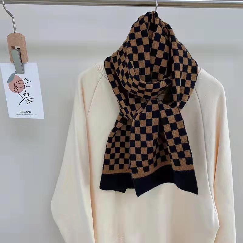 

Scarves Black And White Plaid Scarf Women 2021 Autumn Winter Green Checkerboard Knitted Wool Warm Shawl Female
