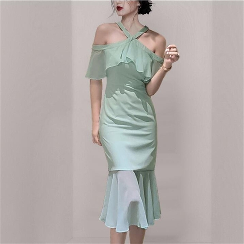 

Women Elegant Sleeveless Solid Color Evening Party Dress Backless Off Shoulder High Waist Halter Gown Mermaid 210603, Picture color