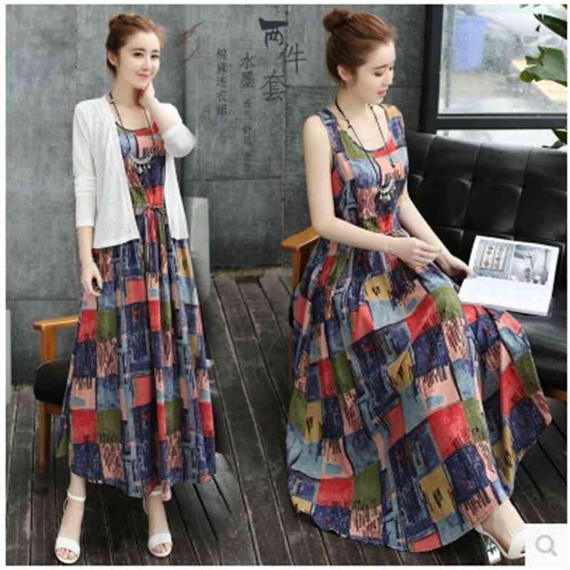 

Vintage Cotton Linen Dress With Cardigan Women Plus Size Printed Sleeveless Pleated Casual Literary Vestidos Dresses 210518, As pictured