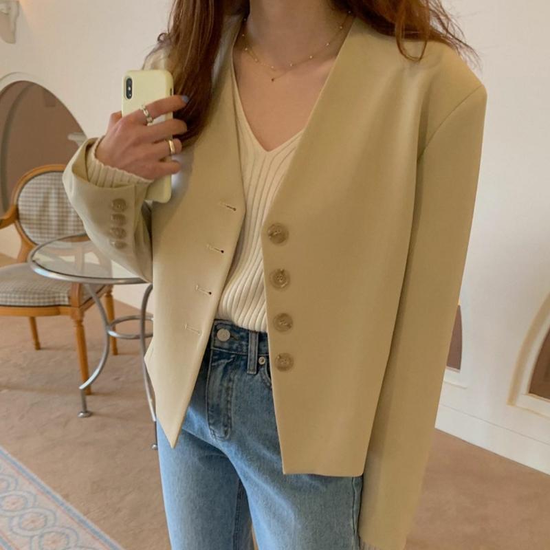 

Women's Jackets Korean Style Long Sleeve Blazer Femme V-neck Single-breasted Streetwear Suit Jacket Ladies Solid Color Casual Coat Women 202, Photo color