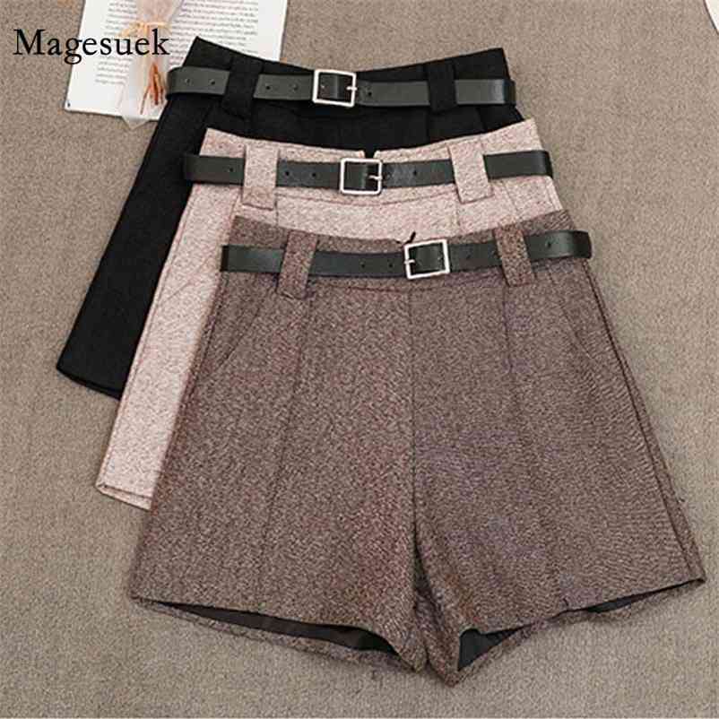 

Woolen Cloth Shorts Women Fashion Winter High Waist Slim A-line Casual Wide Leg Pants with Belt 11613 210518, Black
