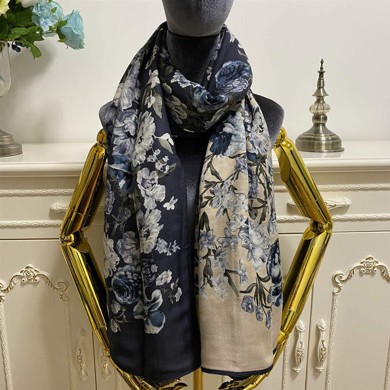 

women's scarf double sided good quality cashmere material print letters flowers pattern long scarves pashimna shaw size 190cm -62cm, Blue;gray