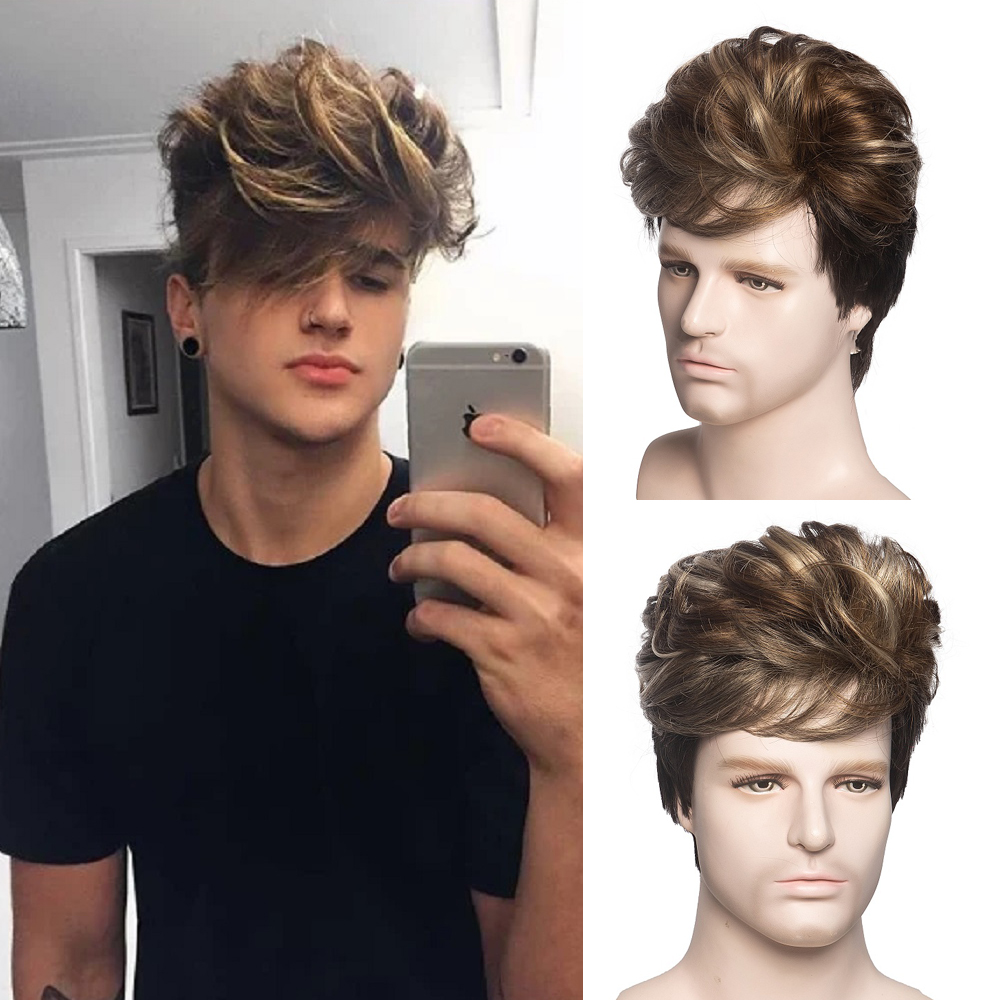 Short Curly Synthetic Wig for Mens Daily Wigs Ombre Grey Brown Male Hair Fleeciness Realistic Natural Toupee Wigs-image-697867975